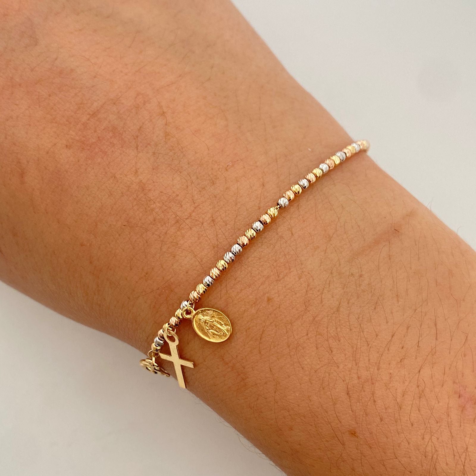 Pulso It balines diamantados cruz y virgen milagrosa Oro amarillo 18k +4 / 3,65 Gr / 2,0 mm / 18 Cm